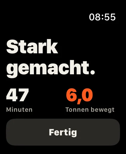 Geschafft: Minuten und bewegte Tonnen auf einen Blick. Rekorde, Abzeichen und Statistiken warten auf dem iPhone.