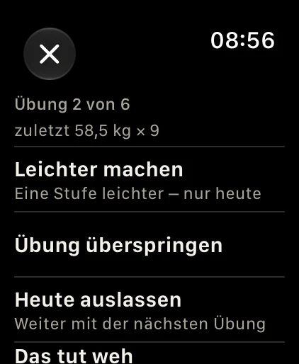 Das „…“-Menü: Leichter machen, überspringen oder Schmerz melden.