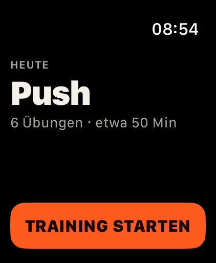 Start: Das Training von heute mit Übungen und Dauer. Ein Tipp startet es oder setzt es fort.