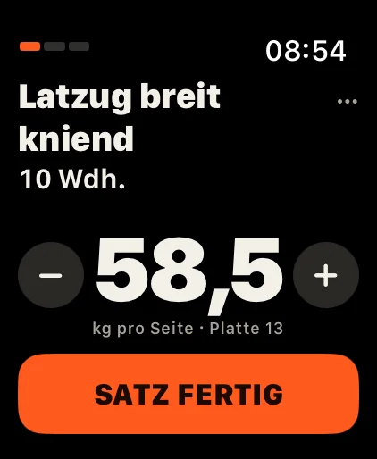 Krone: Weniger oder mehr geschafft? Dreh die Digital Crown oder tipp − und +. Tippst du auf die Gewichtszeile, verstellt die Krone das Gewicht.