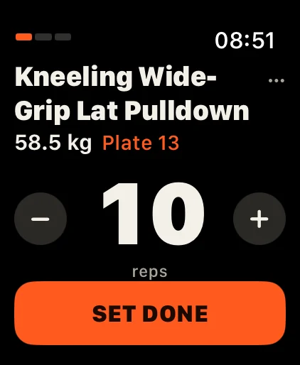 DCFT on the Apple Watch: a set with weight, plate to pin and reps