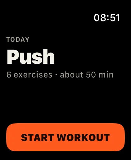 Start: Today’s workout with its exercises and time. One tap starts it, or resumes it.