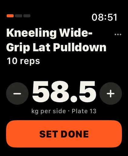 Crown: Fewer or more reps? Turn the Digital Crown or tap − and +. Tap the weight line and the Crown changes the weight.
