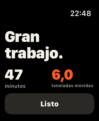 Hecho: Minutos y toneladas movidas de un vistazo. Récords, insignias y estadísticas te esperan en el iPhone.