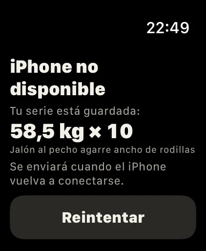 Fuera de alcance: Tu serie se guarda en el reloj y se envía más tarde.