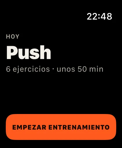 Inicio: El entrenamiento de hoy con sus ejercicios y su duración. Un toque y empieza, o se reanuda.