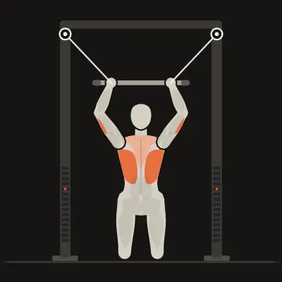 Animatie: Onderhandse lat pulldown, knielend