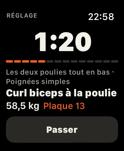 Indication de réglage avant un nouvel exercice