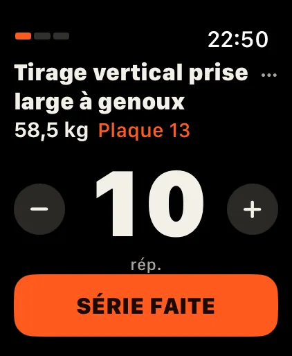 DCFT sur l’Apple Watch : une série avec la charge, la plaque à goupiller et les répétitions