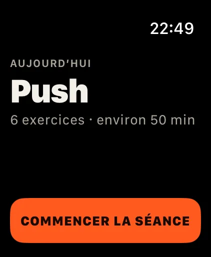 Départ: La séance du jour avec ses exercices et sa durée. Un appui la lance, ou la reprend.