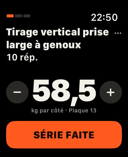Couronne: Moins ou plus de répétitions ? Tourne la Digital Crown ou touche − et +. Touche la ligne de charge et la Couronne modifie la charge.