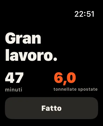 Fatto: Minuti e tonnellate spostate a colpo d’occhio. Record, badge e statistiche ti aspettano sull’iPhone.