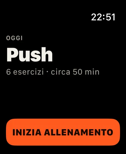 Inizio: L’allenamento di oggi con i suoi esercizi e la durata. Un tocco lo avvia, o lo riprende.