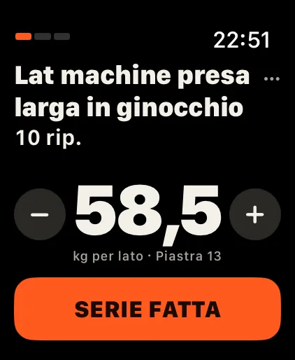 Corona: Meno o più ripetizioni? Gira la Digital Crown o tocca − e +. Tocca la riga del peso e la Corona cambia il peso.
