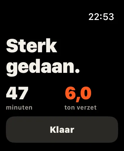 Klaar: Minuten en verplaatste tonnen in één oogopslag. Records, badges en statistieken wachten op de iPhone.