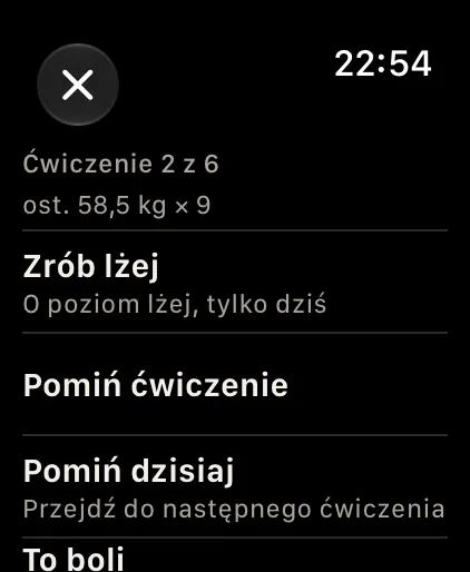 Menu „…”: Zrób lżej, pomiń albo zgłoś ból.
