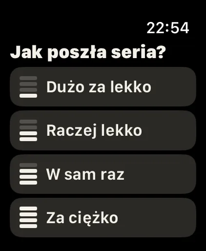 Jedno stuknięcie: Krótkie pytania z dużymi przyciskami i bez przewijania, jak „Jak poszła seria?” po serii testowej.