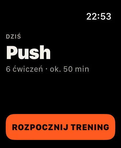 Start: Dzisiejszy trening z ćwiczeniami i czasem. Jedno stuknięcie go uruchamia albo wznawia.