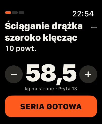 Koronka: Mniej lub więcej powtórzeń? Obróć Digital Crown albo stuknij − i +. Stuknij wiersz z ciężarem, a koronka zmieni ciężar.