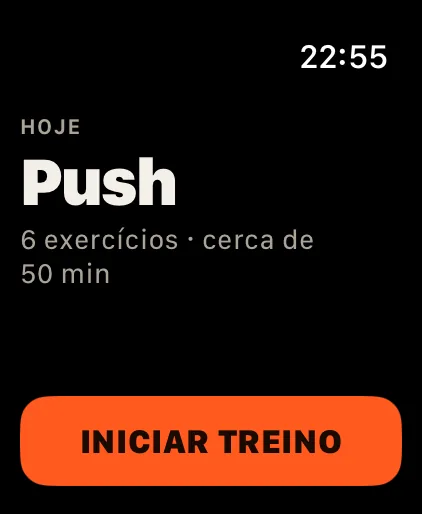 Início: O treino de hoje com seus exercícios e a duração. Um toque inicia ou retoma.