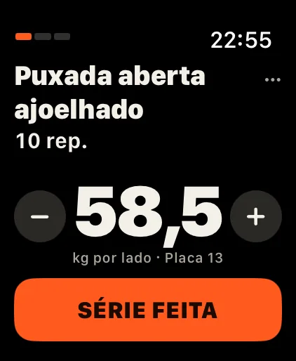 Coroa: Menos ou mais repetições? Gire a Digital Crown ou toque em − e +. Toque na linha da carga e a coroa muda a carga.